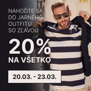 🌸 Jarné osvieženie šatníka so zľavou 20 %! 🌸 Privítajte jar v novom outfite! 🤵🏽‍♂️Len od 20. do 23. marca u nás nakúpite...